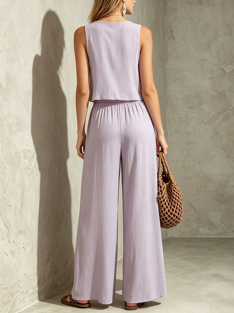 Women's Vintage Cotton-linen V-neck Sleeveless Top And Trousers Set
