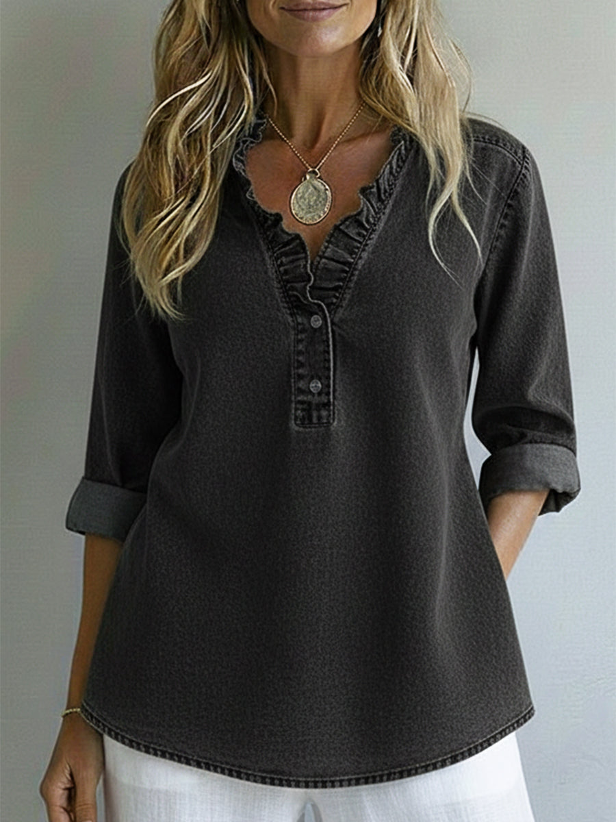 Casual Romantic Ruffled Collar Denim Shirt
