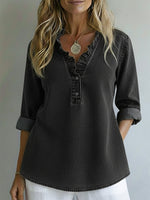 Casual Romantic Ruffled Collar Denim Shirt