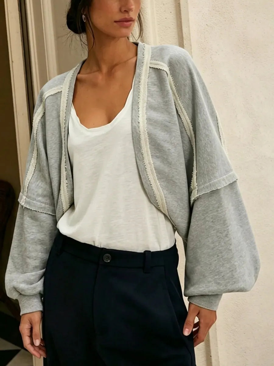 Sudadera corta abierta de manga abullonada extragrande para mujer