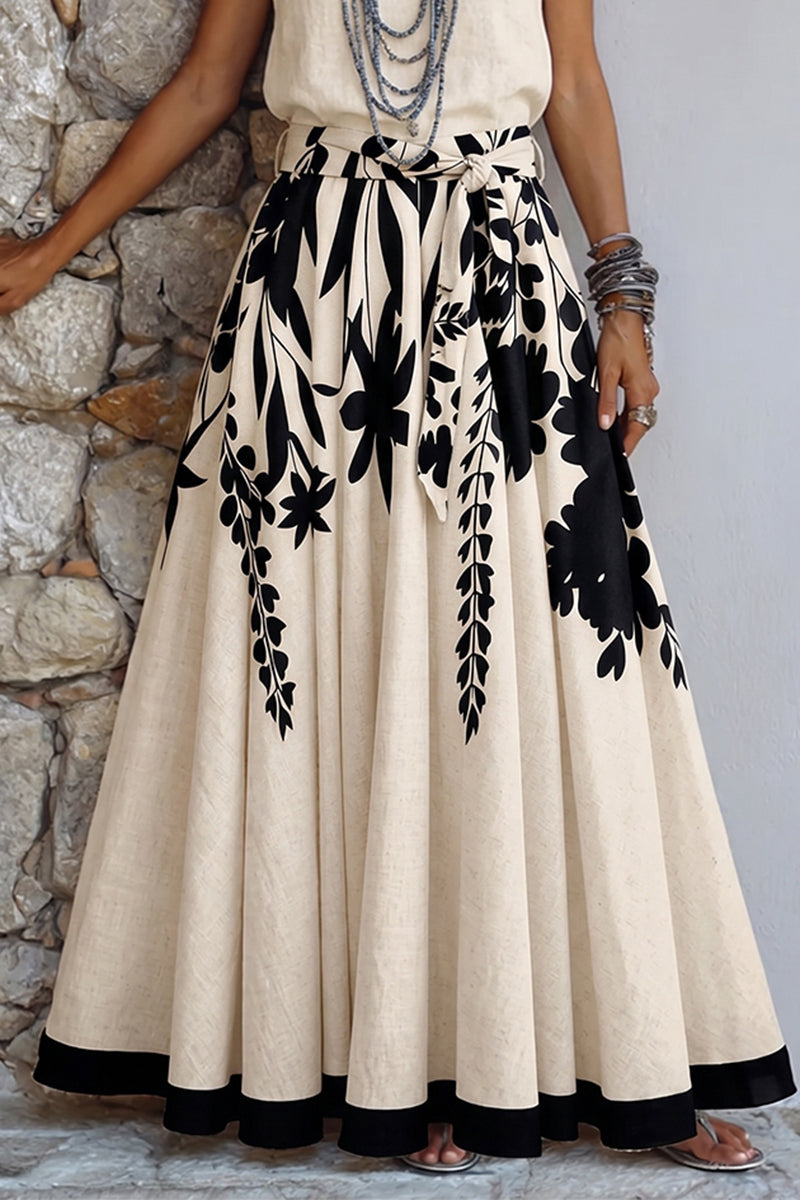 Artistic Floral & Leaf Print Cotton-linen Two-piece Set (skirt & Top)