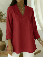 Casual Pleated V-neck Loose Linen-cotton Top