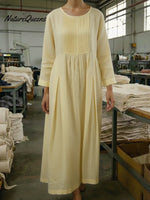 Vintage-style Pleated Linen Midi Dress