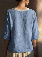 Retro Lace-trimmed U-neck Cotton-linen Blouse