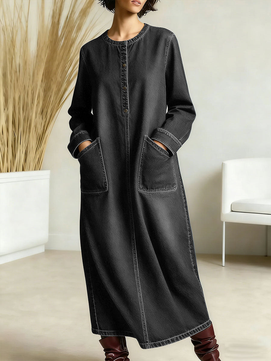 Women's New Spring Collection Round Neck Long-sleeved Casual Loose Denim Dress With Pockets.