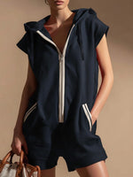 Women's V-neck Sleeveless Casual Loose Hooded Jumpsuit Shorts