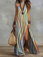 Bohemian-style Color-block Striped Artistic Print Halter-neck Slit Cotton-linen Dress