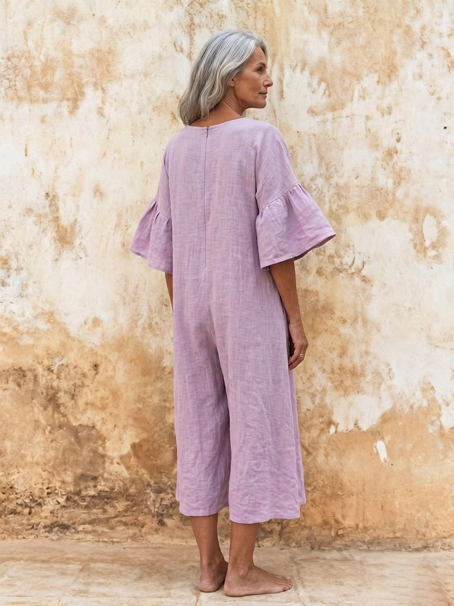 Minimalist Loose-fit Cotton-linen Jumpsuit With Flared Sleeves