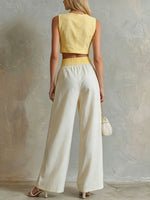 Women's Retro Yellow Sleeveless Vest And Off-white Wide-leg Trousers Set