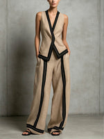 Women's Casual Loose Cotton-linen Set: V-neck Sleeveless Top & High-waisted Wide-leg Pants