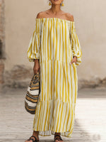 Casual Vacation Off-the-shoulder Striped Linen Dress