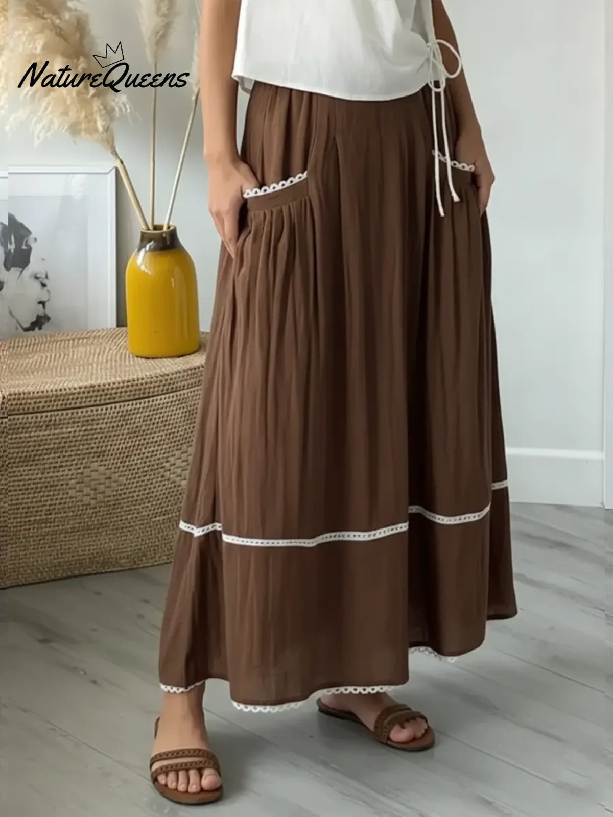 Women's Casual Patchwork White Lace Linen-cotton Skirt