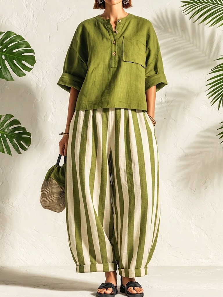 Casual, Loose-fitting Linen-cotton Top And Striped Trousers Two-piece Set