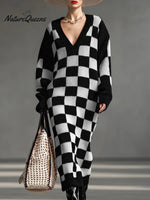 Women's Plaid Print V-neck Long-sleeved Casual Loose Knit Dress