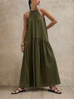 Vestido largo de verano de corte relajado con escote halter, vestido largo holgado sin mangas de mezcla de lino para vacaciones y uso diario.