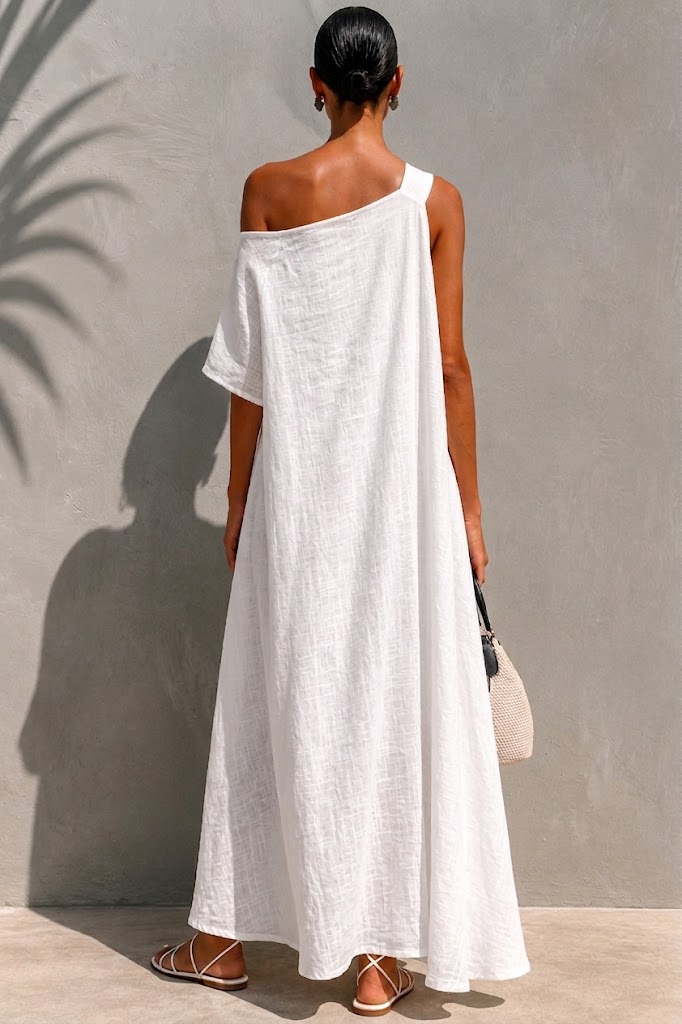 Casual-chic Linen And Cotton One-shoulder Maxi Dress