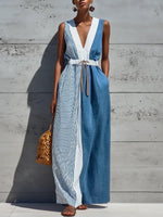 Women's Casual Loose Cotton-linen Dress — V-neck Sleeveless With Placement Print