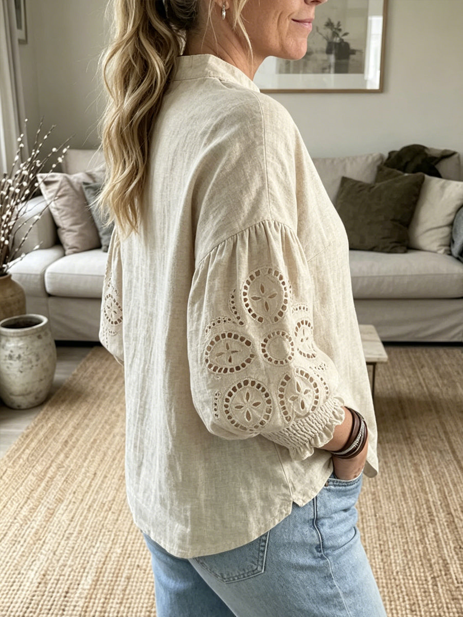 Women's Hollow-out Sleeve Cotton And Linen Top
