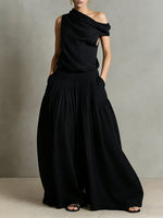 Women's Round Neck Sleeveless Casual Loose Top And High-waisted Casual Loose Wide-leg Pants Cotton And Linen Set
