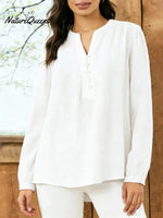 Women's Solid Color V-neck Long-sleeved Casual Loose Cotton And Linen Top