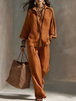 Women's Striped Decorative Shirt And Wide-leg Pants Set