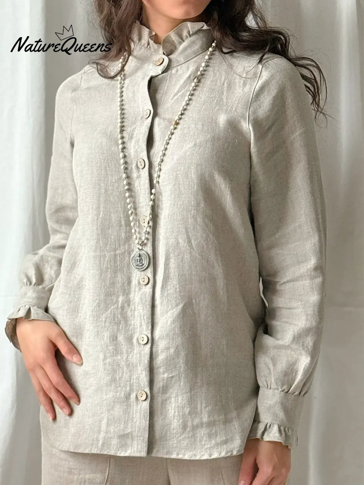 Vintage Lace-trimmed Stand-collar Linen Shirt