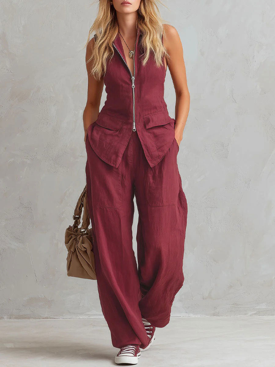 Solid-color Sleeveless V-neck Color-block Wide-leg Pant Set