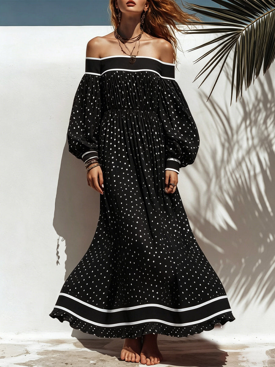 Women's Retro Polka Dot Pattern Art Print Casual Off-shoulder Cotton Dress