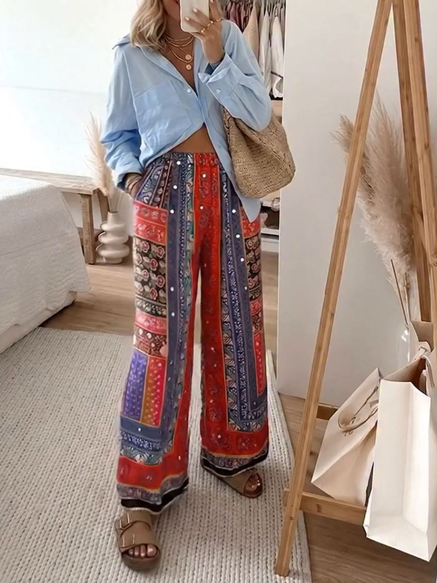 Pantalones de mujer con estampado estilo hippie y cintura elástica