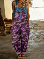 Women's Sleeveless Camouflage Print Casual Loose Denim-paneled Wide-leg Jumpsuit