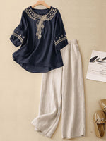 Women's Embroidered Cotton-linen Top And Casual Wide-leg Pants Two-piece Set