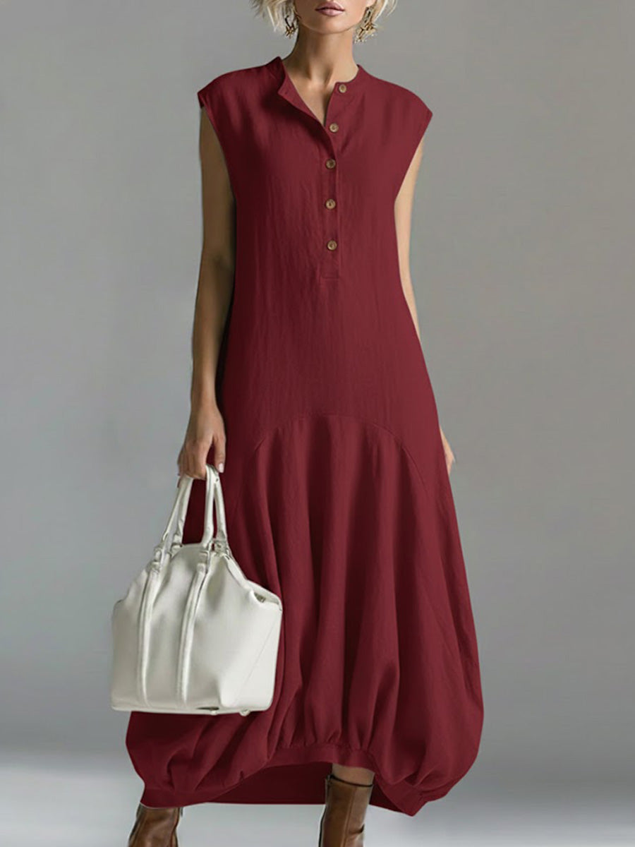 Women's Solid Color Round Neck Sleeveless Casual Loose Cotton And Linen Dress