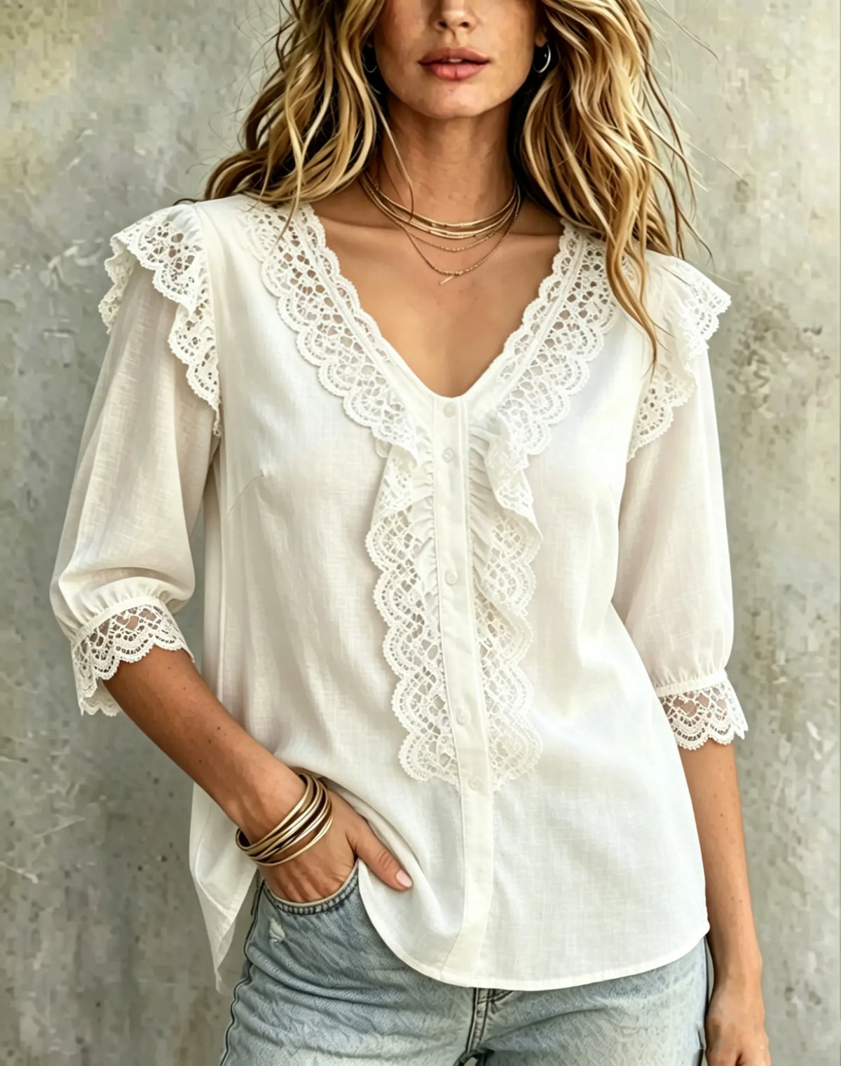 Women's Casual White V Neck Ruffle Blouse 3/4 Sleeve Lace Trim Linen Shirts Tops