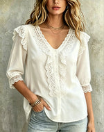 Women's Casual White V Neck Ruffle Blouse 3/4 Sleeve Lace Trim Linen Shirts Tops