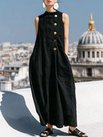 Women's Solid-color Stand-collar Sleeveless Loose-fit Cotton-linen Casual Dress