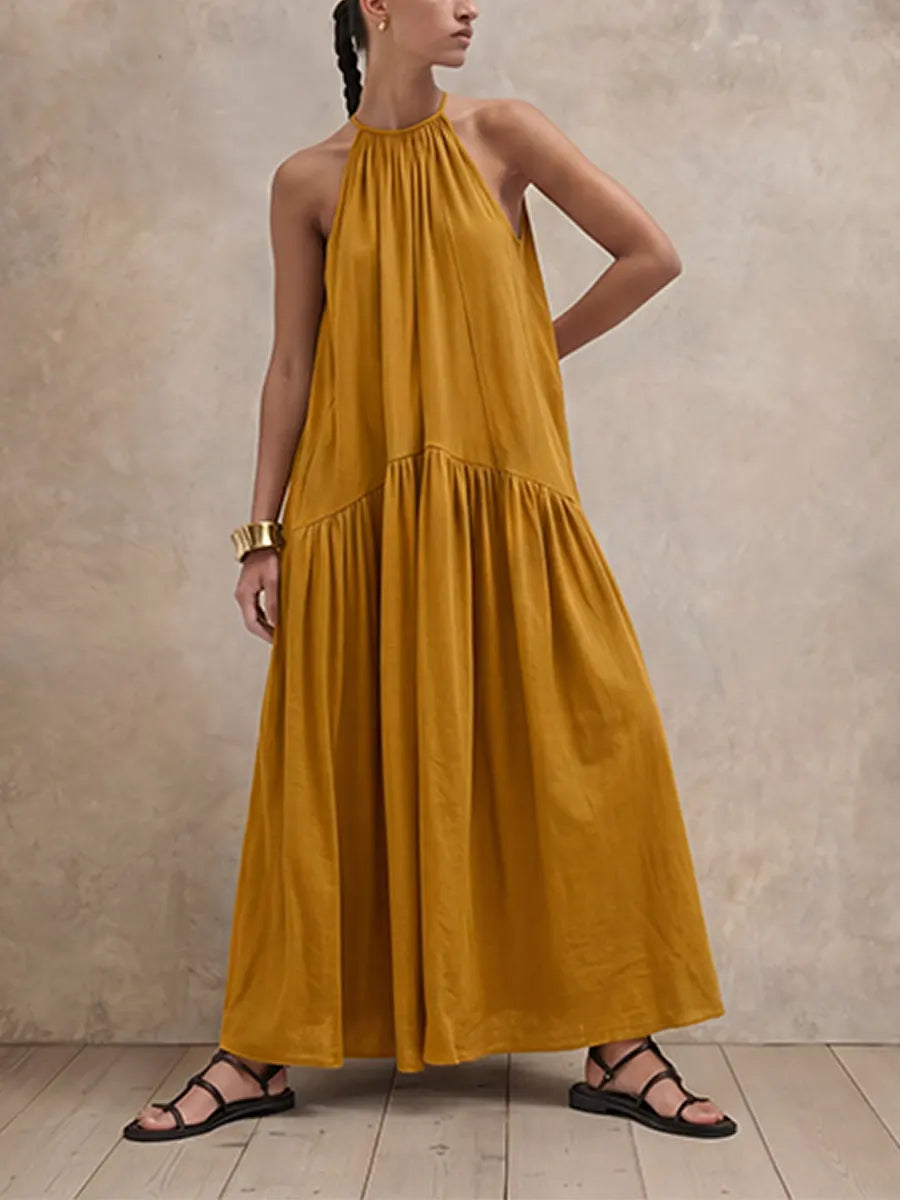 Vestido largo de verano de corte relajado con escote halter, vestido largo holgado sin mangas de mezcla de lino para vacaciones y uso diario.