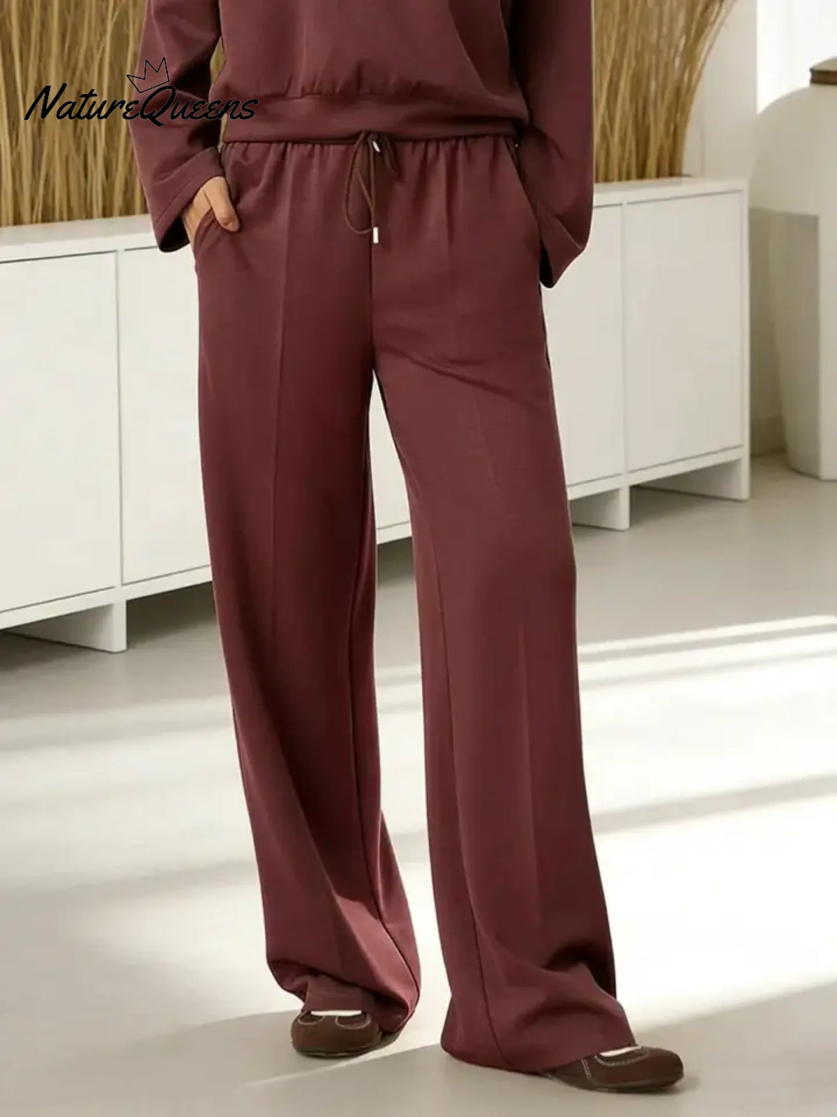Women's Solid Color High-waisted Drawstring Wide-leg Casual Pants