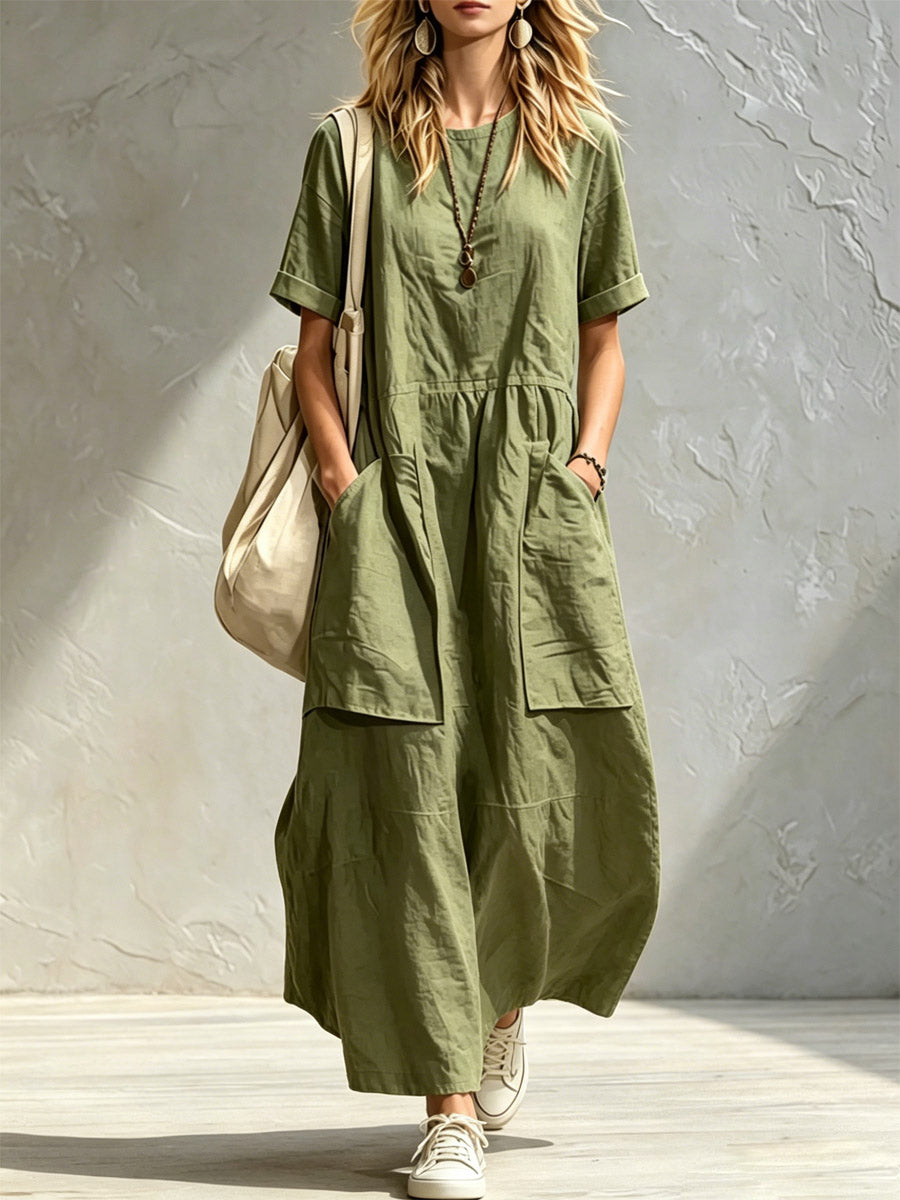 Women's Solid Color Art Casual Short Sleeve Cotton Linen Maxi Dress