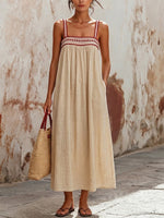 Geometric Embroidered Square Neck Sleeveless Linen-cotton Swing Dress