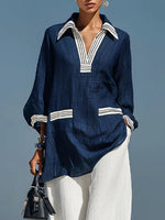 Women's Minimalist Color-block Polo-collar Shirt