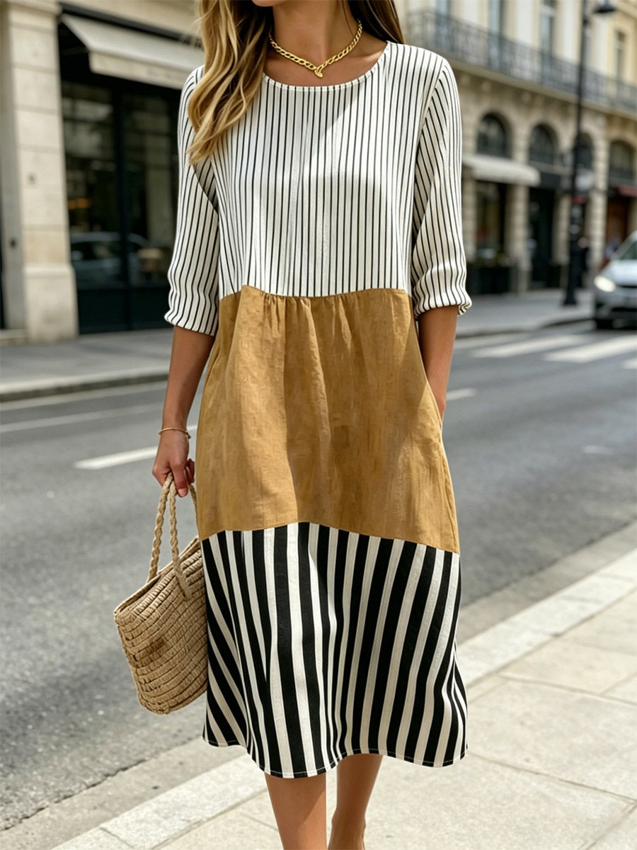 Women's Striped Color Block Art Print Casual Cotton Linen Dress
