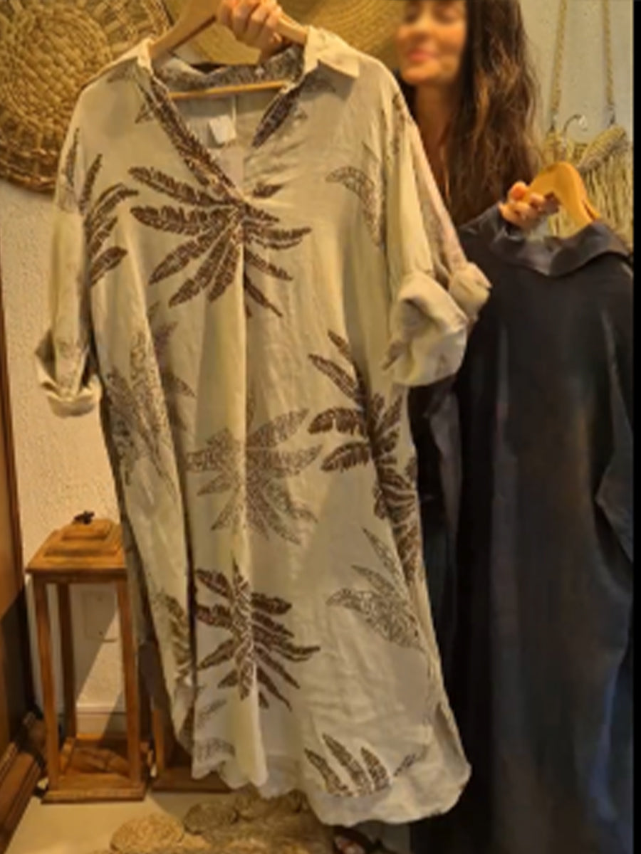 Casual Leaf Print Linen And Cotton Dress