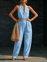 Elegant Cozy V-neck Button-up Loose Linen Jumpsuit
