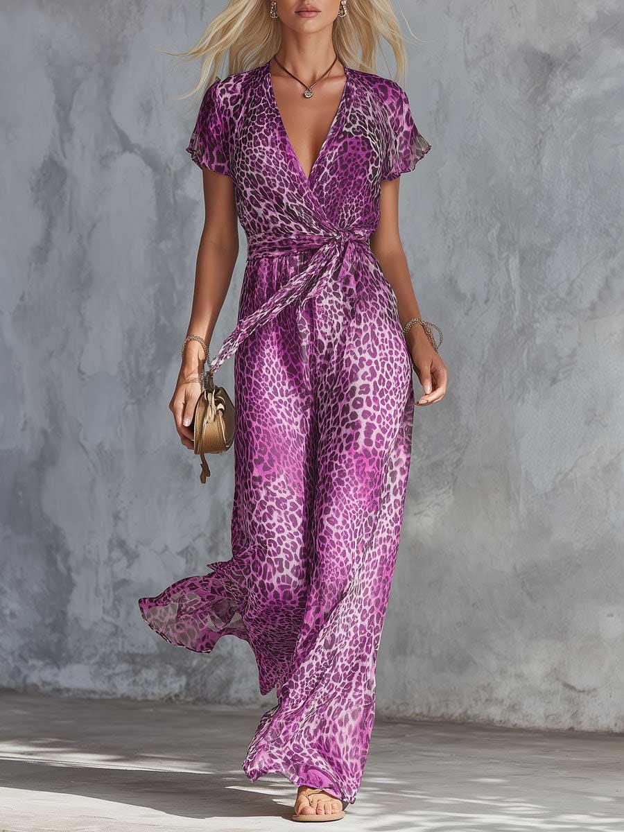 Women's Leopard Print V-neck Short-sleeve Casual Loose Chiffon Jumpsuit