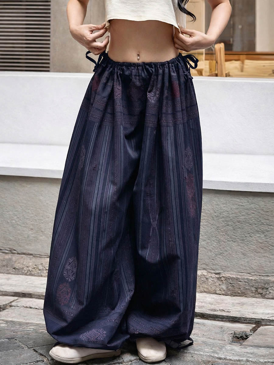 Women's Vintage-print Cotton Wide-leg Pants — Loose-fit Casual Trousers With Elastic Waist