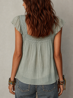 Square-neck Top With Lace Trim And Flutter Sleeves