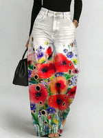 Women's Retro Flowers Print Casual Fashion Cutout Jeans