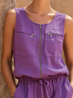 Front-zip Cotton-linen Sleeveless Top + Frayed-hem Shorts Set