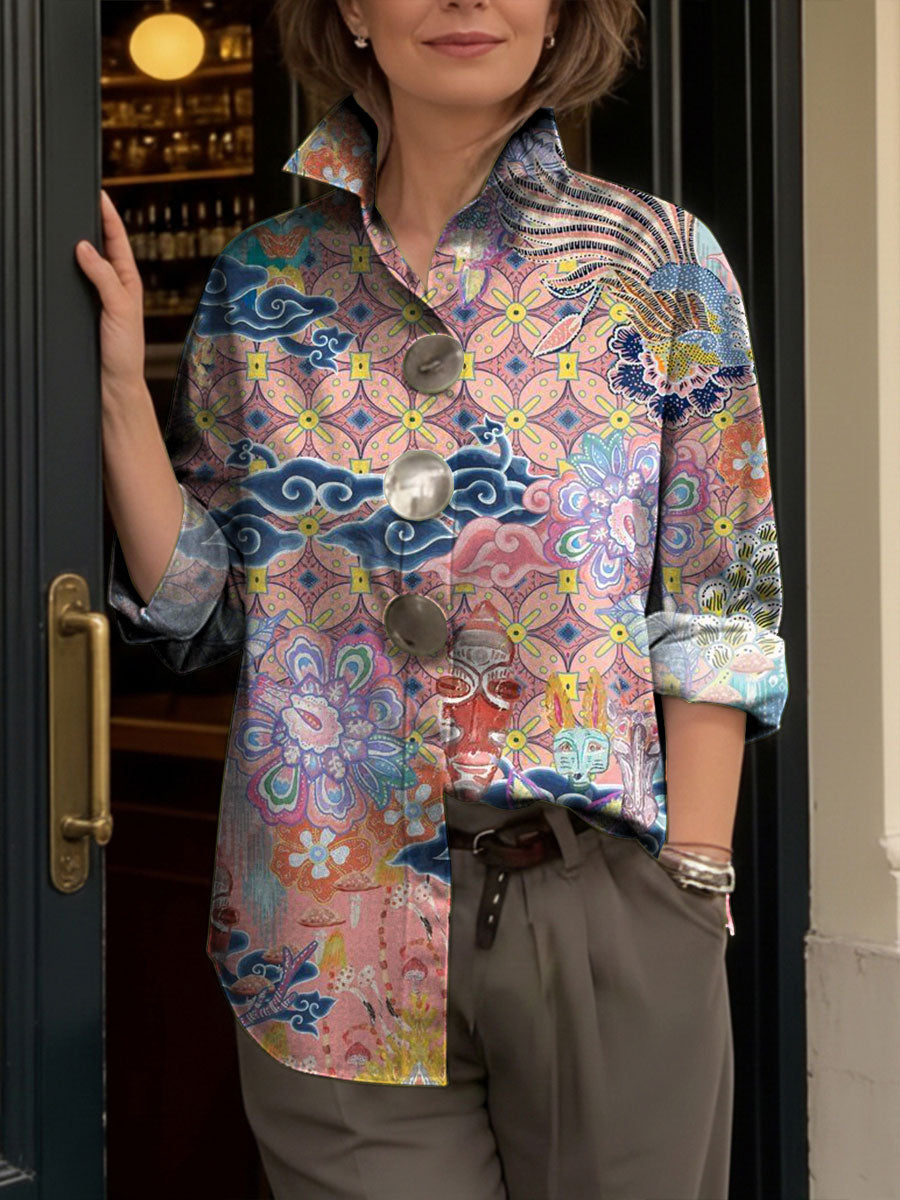 Women's Artistic Floral Print Metal-button Shirt
