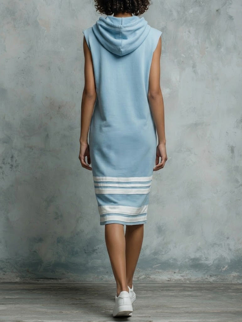 Light Blue Sleeveless Hoodie Midi Dress With White Stripes